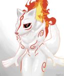  2018 amaterasu anthro black_sclera breasts canine deity digital_media_(artwork) dog female fire fur hi_res mammal markings nude quadduck red_eyes simple_background smile solo video_games white_fur wolf ōkami 