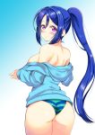  38-21 ass bangs bare_shoulders blue_hair blue_jacket blush breasts gradient gradient_background jacket long_hair looking_at_viewer looking_back love_live! love_live!_sunshine!! matsuura_kanan panties ponytail purple_eyes simple_background smile solo striped striped_panties topless underwear 