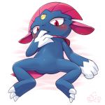  ambiguous_gender blush claws cotora featureless_crotch finger_in_mouth full_body humanoid looking_at_viewer lying nintendo nude on_back pok&eacute;mon pok&eacute;mon_(species) red_eyes simple_background solo spread_legs spreading video_games weavile white_background 
