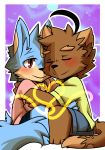  &lt;3 2015 3_toes abstract_background anthro anthro_on_anthro barefoot biped black_nose blue_fur blush border brown_fur canine cheek_tuft chest_tuft claws clothing cub cuddling cute dipstick_ears dipstick_tail dog duo embrace eyebrows eyes_closed fur fur_markings happy head_tuft hi_res hoodie inner_ear_fluff male male/male mammal markings multicolored_fur multicolored_tail red_eyes romantic_couple saku1saya seiya_(saku1saya) shirt shorts sitting smile spots tan_fur thick_eyebrows toes tuft two_tone_fur white_border young 