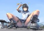  1girl ? black_hair black_legwear blood blue_skirt crushed day death destruction ebizome eyebrows_visible_through_hair fire flat_chest fubuki_(kantai_collection) giantess green_eyes growth head_rub highres kantai_collection metal_boots one_eye_closed outdoors panties pantyshot pantyshot_(sitting) parted_lips pleated_skirt ponytail sailor_collar school_uniform serafuku short_sleeves sidelocks sitting skirt solo striped striped_legwear underwear white_panties 