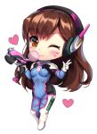  ;) aruma_jiki asymmetrical_bangs bangs blue_bodysuit blush blush_stickers bodysuit breasts brown_eyes brown_hair bubble_blowing charm_(object) chewing chibi closed_mouth clothes_writing commentary_request covered_navel d.va_(overwatch) eyebrows_visible_through_hair facial_mark full_body gloves gun hand_up headgear headphones heart holding holding_gun holding_weapon long_hair medium_breasts one_eye_closed overwatch shiny shiny_hair simple_background smile solo standing striped trigger_discipline v vertical_stripes very_long_hair weapon whisker_markings white_background white_gloves 