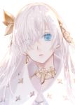  anastasia_(fate/grand_order) blue_eyes choker earrings eyebrows_visible_through_hair eyes_visible_through_hair fate/grand_order fate_(series) hair_ornament hair_over_one_eye head_tilt highres jewelry long_hair parted_lips portrait ro96cu silver_hair simple_background solo white_background 