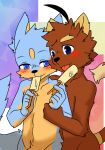  2015 5_fingers abstract_background anthro anthro_on_anthro arm_grab biped black_nose blue_eyes blue_fur blush brown_fur canine cheek_tuft crotch_tuft dipstick_ears dipstick_tail dog duo eating eyebrows food fur fur_markings grabbing_from_behind half-closed_eyes head_tuft hi_res holding_food holding_object inner_ear_fluff licking male male/male mammal markings multicolored_fur multicolored_tail navel nude popsicle romantic_couple saku1saya seiya_(saku1saya) simple_background smile standing tan_fur thick_eyebrows tongue tongue_out tuft two_tone_fur 