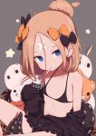  &lt;o&gt;_&lt;o&gt; abigail_williams_(fate/grand_order) ahoge animal_ears bandaid_on_forehead bangs bare_legs bare_shoulders bikini black_bikini black_bow black_jacket blonde_hair blue_eyes bow breasts collarbone commentary_request crossed_bandaids fate/grand_order fate_(series) fou_(fate/grand_order) gamuo grey_background hair_between_eyes hair_bow hair_bun halter_top halterneck heroic_spirit_traveling_outfit highres jackal_ears jacket long_sleeves looking_at_viewer medjed nitocris_(fate/grand_order) off_shoulder orange_bow parted_bangs polka_dot polka_dot_bow ribs simple_background sitting sleeves_past_fingers sleeves_past_wrists small_breasts solo star stuffed_animal stuffed_toy swimsuit teddy_bear tentacles 