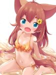  :d animal_ears antenna_hair bangs bare_arms bare_legs bare_shoulders barefoot bikini blue_eyes blush bow bow_bikini breasts brown_hair collarbone commentary dog_ears dog_girl dog_tail eyebrows_visible_through_hair fangs flower hair_between_eyes hair_flower hair_ornament hairclip head_tilt highres long_hair looking_at_viewer makuran momiji_(makuran) navel open_mouth orange_bikini orange_bow original polka_dot polka_dot_bikini shallow_water short_eyebrows side-tie_bikini sitting small_breasts smile solo swimsuit tail thick_eyebrows very_long_hair wariza water wet wet_hair x_hair_ornament yellow_flower 