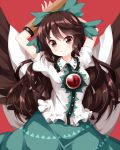  arm_cannon arms_behind_head arms_up bird_wings bow brown_eyes brown_hair brown_wings cape frilled_shirt_collar frills green_bow green_skirt hair_bow highres long_hair looking_at_viewer puffy_short_sleeves puffy_sleeves red_background reiuji_utsuho ruu_(tksymkw) shirt short_sleeves simple_background skirt smile solo third_eye touhou very_long_hair weapon white_cape white_shirt wings 