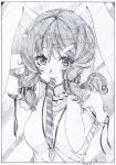  animal_ears black_border blush border breasts bunny_ears commentary_request dated graphite_(medium) greyscale hair_ornament hairclip inaba_tewi jewelry looking_at_viewer medium_breasts monochrome mouth_hold necklace pink_x scan shirt short_sleeves smile solo striped striped_background touhou traditional_media tying_hair upper_body 
