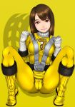  1girl belt bodysuit boots breasts brown_eyes brown_hair engine_sentai_go-onger eyebrows full_body gloves highres legs looking_at_viewer matching_hair/eyes medium_breasts parted_lips rouyama_saki sakuradou shiny shiny_hair simple_background sitting skirt smile solo super_sentai thighs white_gloves yellow_boots yellow_skirt 