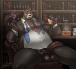  alcohol anthro balls bear beard beverage big_balls big_penis bleats clothed clothing facial_hair half-erect humanoid_penis library male mammal necktie overweight overweight_male penis pipe pubes sitting smile smoke solo teacher unzipped 