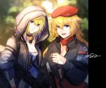  ak-47 ak-74u_(girls_frontline) ak47_(girls_frontline) aks-74u assault_rifle beret blonde_hair blue_eyes breasts cigarette cleavage commentary_request forest girls_frontline gun hat highres hood hooded_jacket hoodie jacket multiple_girls mush nature rifle signature smoking weapon 