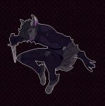  2017 4_toes action_pose anthro biped brown_background canine claws clothed clothing crouching dagger dark_theme digital_drawing_(artwork) digital_media_(artwork) ears_back fluffy fluffy_tail full-length_portrait fur gloves grey_clothing grey_fur grey_tail hi_res holding_object holding_weapon humanoid_hands jackal jumping looking_down male mammal melee_weapon outline pants pattern_background portrait pose purple_eyes purple_nose shirt simple_background smile smirk smug snout solo spread_arms suspended_in_midair tanks_(artist) terrus_(terrus_fal113) toe_claws toes weapon 