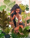  black_hair black_shorts braid closed_mouth commentary_request crop_top day denim denim_shorts highres jacquelin_de_leon lips long_hair looking_at_another original plant potted_plant shirt shorts solo sunlight very_long_hair white_shirt window 