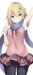  ahoge arm_up ass_visible_through_thighs bangs black_legwear blonde_hair blush breasts brown_skirt chisaki_tapris_sugarbell closed_mouth commentary_request crotch_seam eyebrows_visible_through_hair gabriel_dropout green_eyes hair_between_eyes hair_ornament head_tilt highres kyuukon_(qkonsan) long_hair neck_ribbon outstretched_arm panties panties_under_pantyhose pantyhose plaid plaid_skirt red_ribbon ribbon shirt short_sleeves simple_background skirt small_breasts smile solo star star_hair_ornament sweater_vest underwear white_background white_shirt 