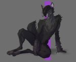  2018 4_toes 5_fingers anthro arm_support biped black_claws black_hair canine claws collarbone dark_theme digital_drawing_(artwork) digital_media_(artwork) flaccid fluffy fluffy_tail front_view frown full-length_portrait fur girly gloves_(marking) grey_background grey_fur grey_tail hair hair_over_eye half-closed_eyes hindpaw holding_leg jackal lethal_doors lighting looking_down male mammal markings nude pawpads paws pecs penis penis_bace pink_pawpads pinup portrait pose purple_eyes purple_nose purple_penis shadow short_hair simple_background sitting snout solo terrus_(terrus_fal113) toe_claws toes 