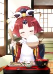  1girl apron bangs benienma_(fate/grand_order) blunt_bangs blush bowl brown_hair brown_hat brown_kimono chopsticks closed_mouth cocozasa commentary_request eyes_closed facing_viewer fate/grand_order fate_(series) fish hat head_tilt heart highres holding holding_bowl holding_spoon indoors japanese_clothes kimono long_hair long_sleeves rice rice_bowl smile solo spoon very_long_hair white_apron wide_sleeves wooden_spoon 