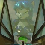  2018 3d_(artwork) anthro black_nose blue_fur blue_hair breast_squish breasts canine clothed clothing cockpit digital_media_(artwork) female fox fur green_eyes hair hi_res krystal looking_at_viewer mammal nintendo smile solo star_fox tapping themeshow101 video_games white_fur 