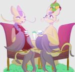  anthro beverage chair claws clothing cute dialogue dress eyewear female fur glasses group hair hey_yo hi_res kitsunekotaro ladies mature_female mienshao natu nintendo nude pok&eacute;mon pok&eacute;mon_(species) red_eyes shoa_mien table tea video_games whiskers 