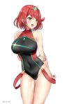  black_swimsuit blush breasts competition_swimsuit covered_navel earrings headpiece highres homura_(xenoblade_2) jewelry kaetzchen large_breasts looking_away one-piece_swimsuit red_eyes red_hair short_hair sidelocks solo swimsuit tiara wet xenoblade_(series) xenoblade_2 