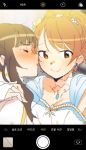  arm_around_neck bangs blue_dress blunt_bangs blush brown_hair choker closed_eyes commentary dress earrings eyebrows_visible_through_hair hair_up houjou_karen idolmaster idolmaster_cinderella_girls idolmaster_cinderella_girls_starlight_stage imminent_kiss jewelry kamiya_nao kiss korean long_hair looking_at_viewer multiple_girls necklace nose_blush orange_eyes orange_hair phone_screen ponytail reticule rn_p thick_eyebrows viewfinder white_choker yuri 