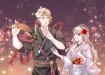  1girl cheryi commentary_request dancing fan female_my_unit_(fire_emblem_if) fire_emblem fire_emblem_heroes fire_emblem_if flower gold_trim hair_flower hair_ornament holding japanese_clothes kimono lilith_(fire_emblem_if) marks_(fire_emblem_if) my_unit_(fire_emblem_if) pointy_ears red_eyes rose smile tassel white_hair 