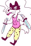  2015 3_toes angry anthro barefoot biped black_fur bone canine cheek_tuft chest_tuft clothed clothing dog doggo eyebrows feet fully_clothed fur half-closed_eyes holding_object holding_weapon male mammal melee_weapon multicolored_fur pants saku1saya shirt simple_background smoke smoking solo sword tank_top thick_eyebrows toes tuft two_tone_fur undertale video_games weapon white_background white_fur 