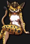  2015 anthro biped black_background black_fur black_nose black_sclera black_spots black_tail blep breasts brown_hair cheek_tuft countershade_arms countershade_face countershade_legs countershade_tail countershade_torso countershading crossed_legs digital_drawing_(artwork) digital_media_(artwork) dipstick_tail dreadlocks ear_piercing fan_character feline female front_view fur greasedmonkey hair hair_accessory jaguar khajiit la&#039;kizita_(greasedmonkey) lighting mammal medium_breasts multicolored_fur multicolored_tail muzzle_scabs naughty_face nipples nude orange_nipples orange_tongue piercing portrait shadow sharp_teeth simple_background sitting slit_pupils smile solo spots spotted_fur spotted_tail teeth the_elder_scrolls three-quarter_portrait tongue tongue_out toony tuft video_games white_countershading white_fur white_tail yellow_eyes yellow_fur yellow_tail 