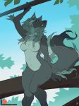  2018 anthro black_nose blue_eyes breasts canine day detailed_background digital_media_(artwork) dog featureless_breasts female fur hair mammal nude outside patto sky solo tree 