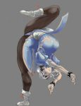  black_legwear blue_dress boots bracelet breasts bun_cover china_dress chinese_clothes chun-li double_bun dress fighting_stance full_body grey_background jewelry large_breasts leg_lift looking_at_viewer outstretched_arm outstretched_leg pantyhose pelvic_curtain puffy_short_sleeves puffy_sleeves shoelaces short_sleeves simple_background solo spiked_bracelet spikes standing standing_on_one_leg street_fighter stretch thighs white_footwear ymr 