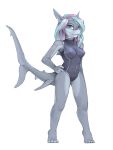  2018 anthro barefoot breasts clothed clothing digital_media_(artwork) female fin fish foxmode green_eyes green_hair hair marine one-piece_swimsuit pink_hair shark simple_background smile solo swimsuit white_background 