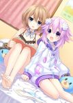  2girls :d bare_legs bare_shoulders barefoot blanc blue_eyes blush book brown_hair choker d-pad d-pad_hair_ornament dogoo feet hair_ornament hat hat_removed headwear_removed holding holding_book hood hooded_jacket indoors jacket leaning_on_person legs legwear_removed looking_at_viewer multiple_girls neptune_(choujigen_game_neptune) neptune_(series) official_art on_bed open_mouth purple_eyes purple_hair short_hair shoulder-to-shoulder sitting sitting_on_bed smile spaghetti_strap striped striped_legwear thighhighs tsunako 