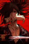  bandages black_hair blood blood_splatter dororo_(tezuka) hair_over_one_eye hankuri hyakkimaru_(dororo) japanese_clothes katana kimono mouth_hold ponytail red_background severed_arm severed_limb sword weapon 