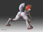  2018 all_fours anthro breasts butt canine female fur grey_fur hair looking_back mammal nipples piranha_fish presenting presenting_hindquarters pussy raised_tail rear_view red_hair simple_background solo spreader_bar wolf 