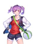  absurdres bag breasts casual collarbone cowboy_shot duffel_bag eyebrows_visible_through_hair hair_ribbon hands_on_hips highres jacket letterman_jacket medium_breasts original purple_hair red_eyes ribbon shirt short_shorts short_twintails shorts smile solo standing sysen t-shirt twintails white_background white_ribbon 