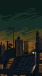  brown_sky building cat chimney cityscape dusk highres kldpxl lamppost no_humans pixel_art rooftop scenery weather_vane window 