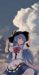  :o arms_up bangs black_hat blue_hair blue_skirt blurry blush bow center_frills cloud cloudy_sky collared_shirt commentary_request day depth_of_field frilled_skirt frills hands_on_headwear hat highres hinanawi_tenshi leaf long_hair looking_away looking_to_the_side medium_skirt momoiro_lettuce outdoors parted_lips purple_bow purple_neckwear rainbow_order red_eyes shirt short_sleeves sidelocks skirt sky solo straight_hair touhou very_long_hair white_shirt wing_collar 