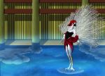  anthro avian bird clothed clothing female hair hi_res holding_(disambiguation) looking_at_viewer peafowl red_hair sajikart skimpy solo standing water 