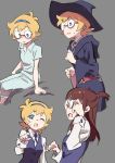  blonde_hair blue_eyes blue_headband brown_hair commentary_request freckles grey_background hat highres kagari_atsuko little_witch_academia long_hair lotte_jansson multiple_girls one_eye_closed open_mouth red-framed_eyewear school_uniform semi-rimless_eyewear short_hair sketch sweatdrop tama_(tama-s) topknot under-rim_eyewear vest witch witch_hat 