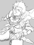  abs bad_id bad_twitter_id cape diarmuid_ua_duibhne_(fate/grand_order) dual_wielding fate/grand_order fate_(series) gauntlets grey_background greyscale hair_between_eyes highres holding lancer_(fate/zero) male_focus midriff mole mole_under_eye monochrome nigako_(ooouch) parted_lips simple_background squatting sword toned toned_male weapon 