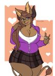  &lt;3 2018 5_fingers anthro arnachy big_breasts bovine breasts brown_fur brown_hair canine cattle chest_tuft cleavage clothed clothing eyewear female fur glasses hair hi_res hoodie horn huge_breasts hybrid inner_ear_fluff looking_at_viewer mammal purple_eyes simple_background skirt smile solo swan_lovejoy tail_tuft tongue tuft 