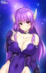  bare_shoulders black_neckwear blue_background breasts choker cleavage closed_mouth collarbone covered_navel cowboy_shot elbow_gloves gloves hozumi_kaoru large_breasts leotard long_hair looking_at_viewer nei phantasy_star phantasy_star_ii pointy_ears purple_gloves purple_hair purple_leotard red_eyes smile solo thighs 