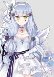  bangs blue_flower blush bow breasts butterfly_hair_ornament cleavage closed_mouth collarbone commentary_request dress elbow_gloves eyebrows_visible_through_hair facial_mark flower girls_frontline gloves green_eyes grey_background hair_ornament hairband highres hk416_(girls_frontline) jewelry long_hair looking_at_viewer lunacats medium_breasts necklace pearl_necklace pleated_dress purple_bow purple_ribbon ribbon ring silver_hair smile solo strapless strapless_dress striped striped_bow striped_ribbon very_long_hair white_dress white_flower white_gloves white_hairband 