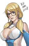  2018 alternate_hairstyle bangs bare_shoulders bespectacled blue_eyes blue_leotard breasts cleavage cleavage_cutout commentary detached_sleeves earrings english_commentary fuudo glasses jewelry large_breasts leotard lips low_twintails medium_hair no_mask nose phamoz rainbow_mika solo street_fighter street_fighter_v swept_bangs twintails upper_body 