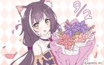  :o animal_ear_fluff animal_ears argyle argyle_background black_hair blush bouquet brooch cat_ears company_name cygames detached_sleeves eyebrows_visible_through_hair fang flower green_eyes highres holding holding_bouquet jewelry kyaru_(princess_connect) long_hair looking_at_viewer low_twintails multicolored_hair official_art open_mouth petals pink_background princess_connect! princess_connect!_re:dive purple_flower red_flower solo streaked_hair twintails upper_body white_hair 