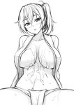  after_paizuri blush breasts cleavage cum cum_on_body cum_on_breasts cum_on_upper_body eyebrows_visible_through_hair fundoshi greyscale head_tilt japanese_clothes kaga_(kantai_collection) kantai_collection large_breasts looking_at_viewer monochrome navel no_bra open_clothes peach_(momozen) side_ponytail sitting sketch solo spread_legs sweat 