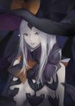  abigail_williams_(fate/grand_order) bangs black_bow black_hat bow character_name closed_mouth commentary_request eyebrows_visible_through_hair eyes_visible_through_hair fate/grand_order fate_(series) hat hat_bow highres long_hair looking_at_viewer marumoru orange_bow pale_skin parted_bangs pointy_ears purple_eyes revealing_clothes silver_hair solo very_long_hair witch_hat 