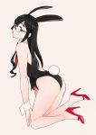  animal_ears ass bare_hips black_hair black_leotard blue_eyes breasts bunny_ears bunny_girl bunny_tail bunnysuit commentary_request detached_collar fake_animal_ears film_grain full_body glasses hairband highleg highleg_leotard kantai_collection leotard long_hair necktie ojipon ooyodo_(kantai_collection) open_toe_shoes pink_background red_footwear red_neckwear semi-rimless_eyewear small_breasts solo strapless strapless_leotard tail under-rim_eyewear wrist_cuffs 