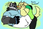  belly big_belly blush canine clothing dog dulynoted english_text fur garth_(character) husky hyper hyper_belly male male/male mammal nolan_(character) overweight scratching shy text 