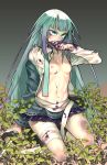  1girl bandage bangs blood blood_on_face blue_eyes blue_hair blunt_bangs breasts bruise character_request copyright_request female injury kbtmsboy long_hair multicolored_hair nature nipples open_clothes open_shirt purple_blood sitting skirt small_breasts solo sword teeth weapon 