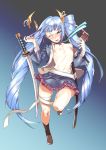  1girl bangs blue_hair blunt_bangs breasts character_request copyright_request female full_body gradient gradient_background kbtmsboy long_hair multicolored_hair navel nipples one_eye_closed open_clothes open_mouth open_shirt petite ribs scabbard sheath skinny skirt small_breasts solo sword torn_clothes twintails very_long_hair weapon 